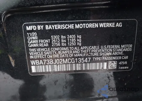 2021 BMW 540I xDrive from USA, damaged, VIN WBA73BJ02MCG13547